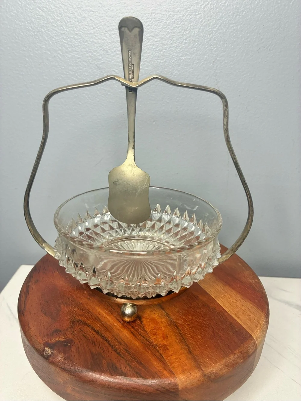 Vintage Pressed Glass Jam Bowl With Silver Plate Holder & Spoon